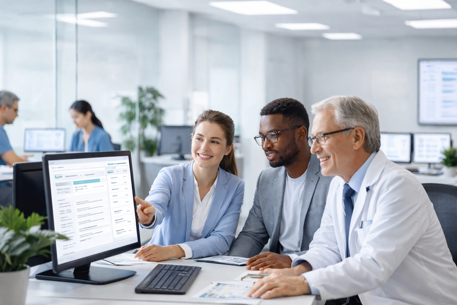 Three professionals working together in a modern office environment